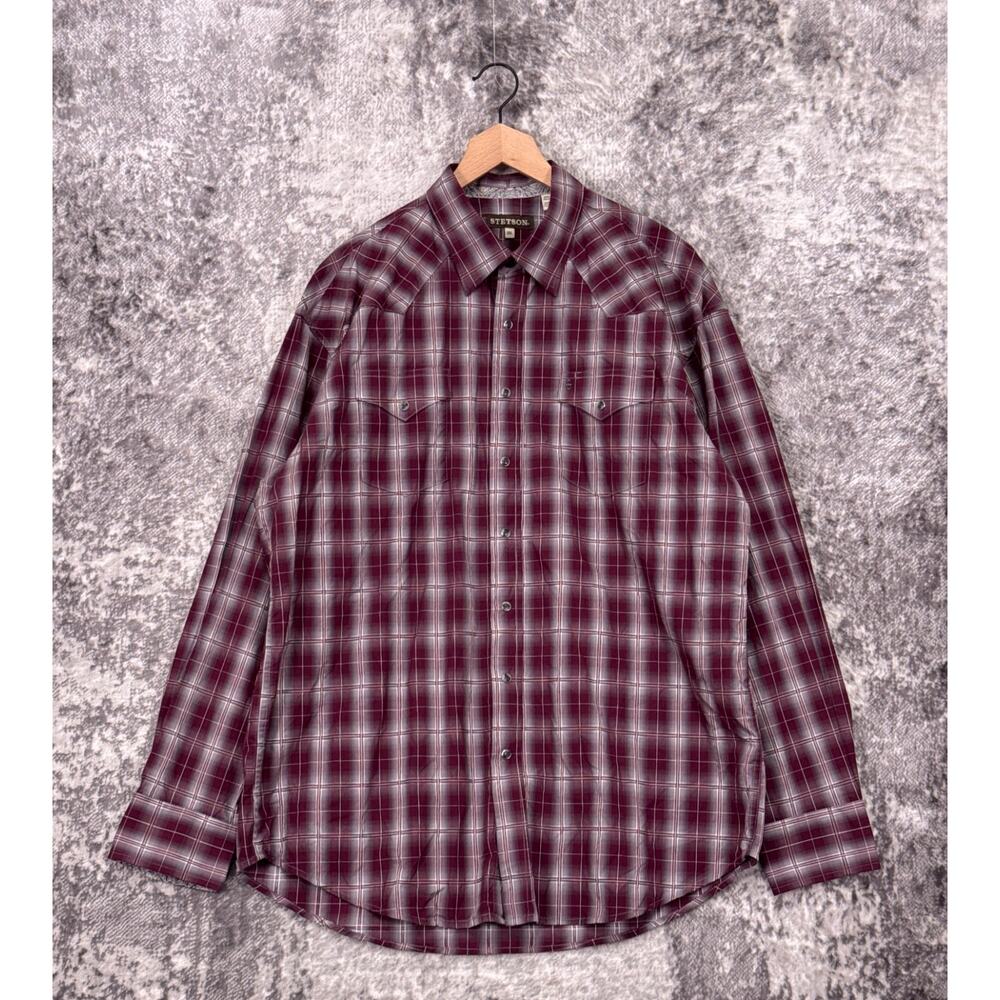 Stetson Western Shirt 2XL Mens Red Plaid Long Sleeve Pearl Snap